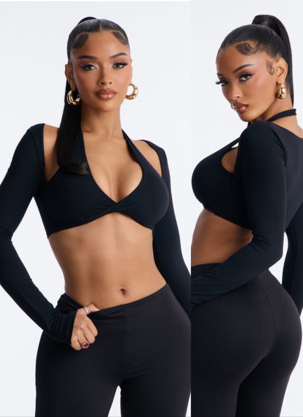 Fashion Nova Cutout Long-Sleeve Crop Top - BLACK XS